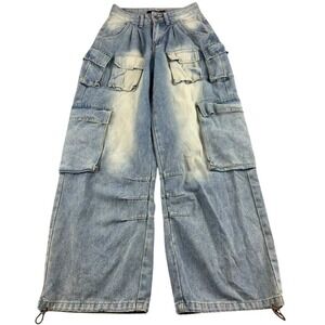 Y2K Zero Circle Cargo Jeans Women XS Blue Baggy Wide Leg Washed Denim Streetwear